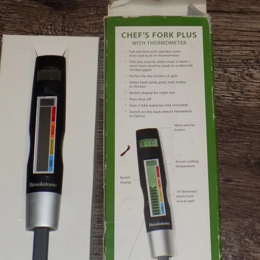 Brookstone Chef's Fork Plus Digital Meat Thermometer Black Silver New‎